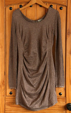 Express Woman's L Brown Metallic Mesh Sleeve Ruched Bodycon Dress Old Money Glam