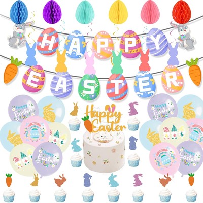 Easter Party Hanging Decorations Bunny Egg Banner Hang Swirls Honeycombs... 