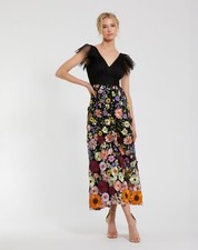 NWT Mac Duggal Embroidered Ruched Flutter Sleeve A Line Dress Black Multi Size 0