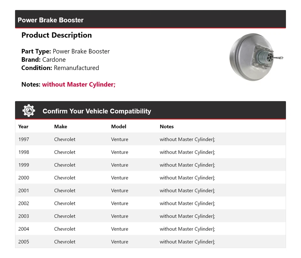 Para Chevrolet Venture 1997-2005 Power Brake Booster Cardone 1998 1999 2000 2001 Foto 2 de 4