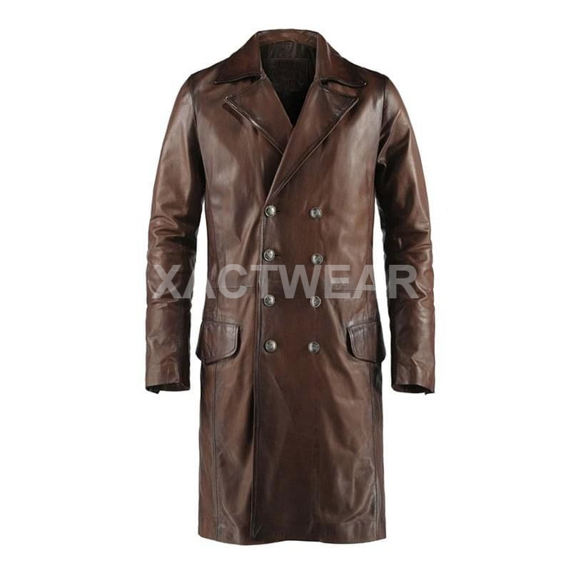 Mens Trench Coat Brown Real Leather German Naval Classic Military Style Peacoat-image