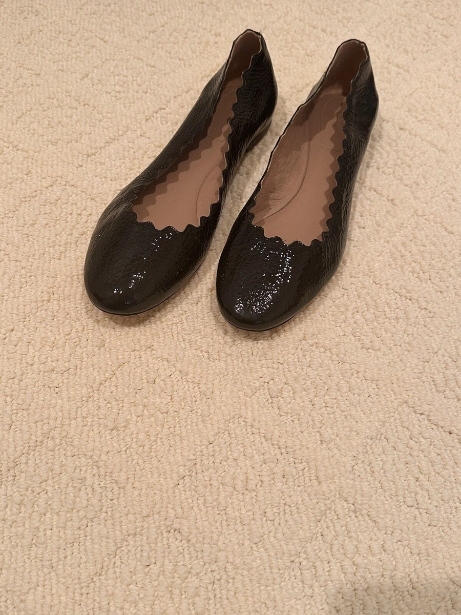 New Chloe Lauren Ballet Flats Black Scalloped Edge Patent Leather Shoes sz 10.5