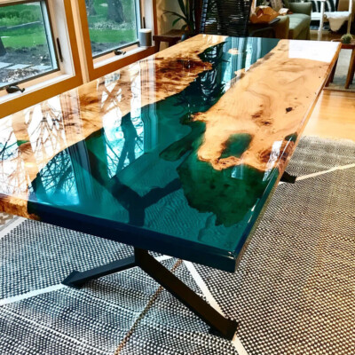 Green Epoxy Resin Dining Table, Sofa Center Epoxy Table Modern
