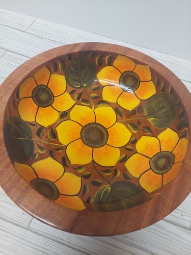 Vtg Handpainted Lacquered Teak Bowl 11” Sunflowers Made In Dominican Republic