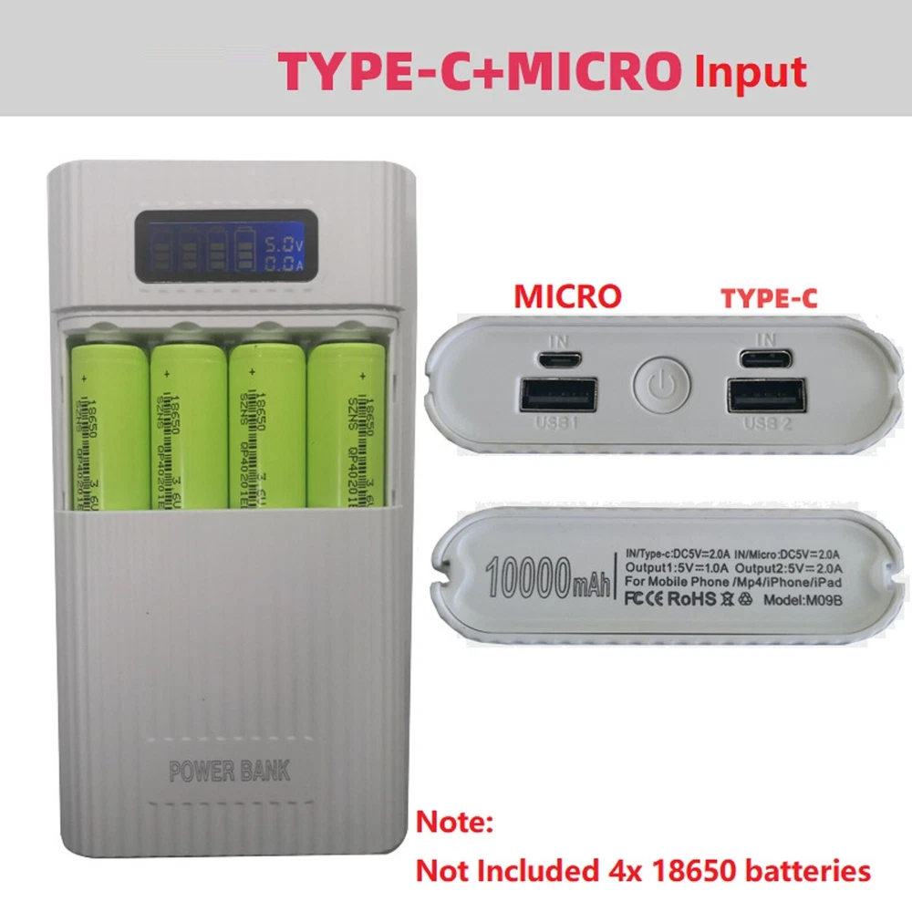 Power Bank Case Kit with 4x18650 Battery Charger DIY Box and Dual USB Ports for Mobile Phone Charging