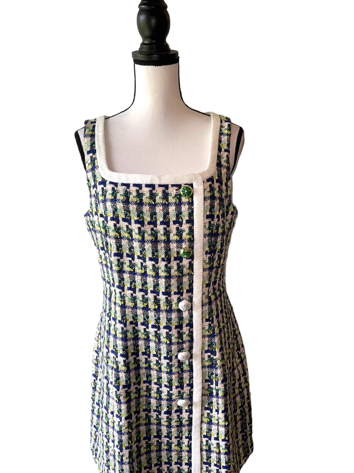 Vestido Kate Spade Talla 10 Enebro Línea Principal Tweed Azul y Verde Tejido Metálico Foto 3 de 4