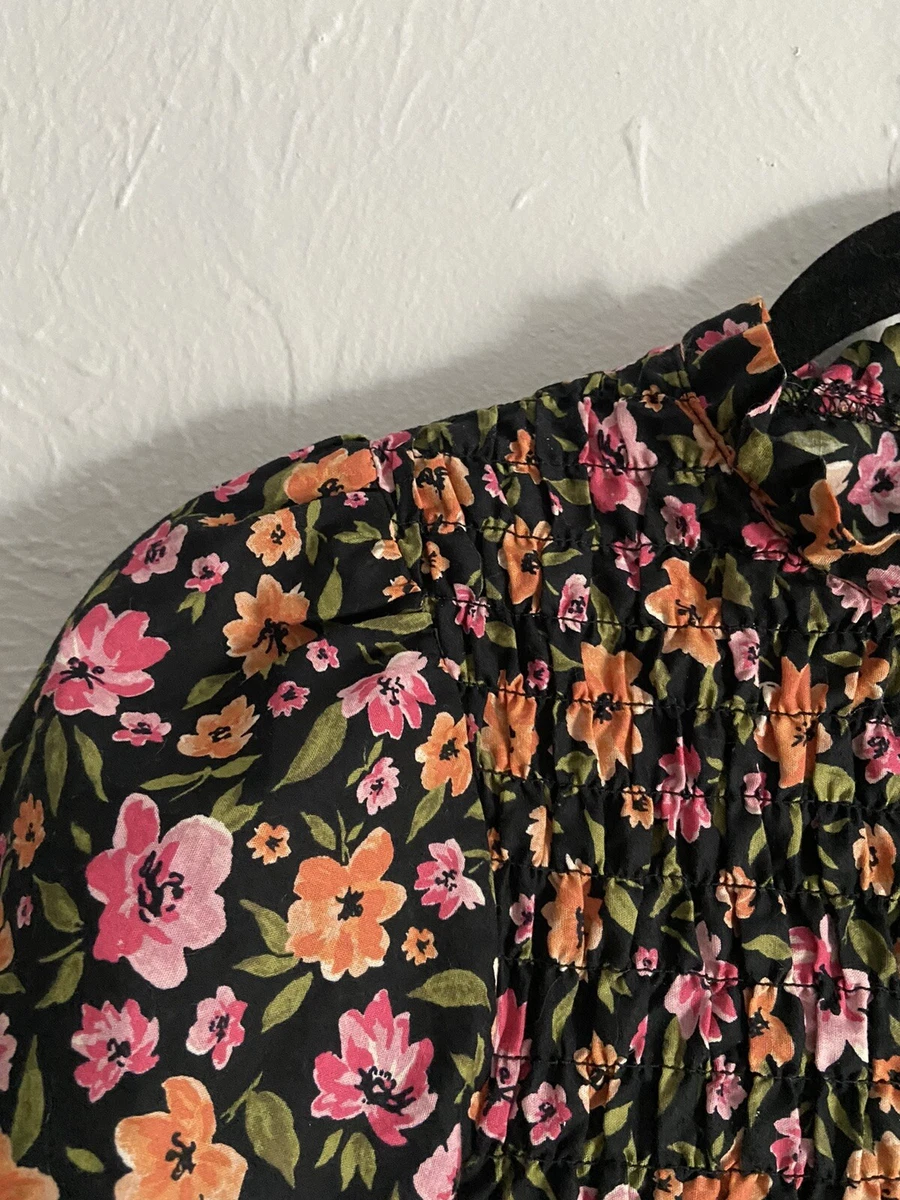 H M 100 Cotton Floral Shirred Puff Sleeve High Neck Crop Top Size