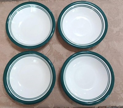 Landmark 4 VTG Ceramic Green Stripes Rim Off White 8''Soup Cereal Bowl Japan Set