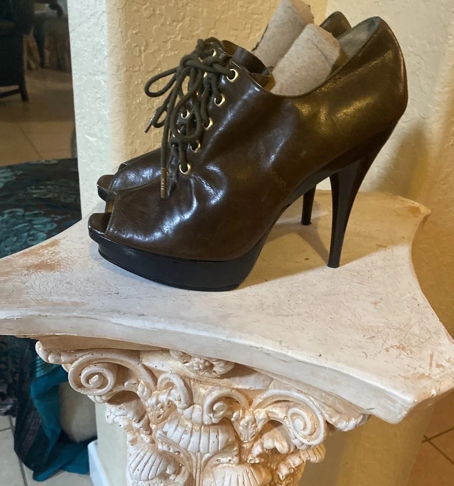 Botines Michael Kors Peep Toe Plataforma Stiletto Corbata Cuero Marrón Mujer’s Talla 9M Foto 3 de 4