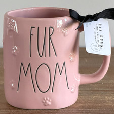 Rae Dunn Pink FUR MOM Mug With Paw Prints Mother’s Day Animal Lover NEW