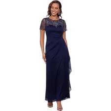 Xscape Women's 8 Navy Beaded Embellished Maxi Dress Ruched Formal Evening HR4-21