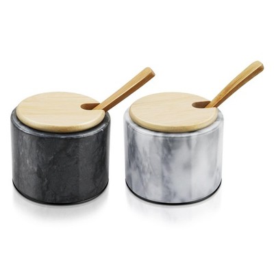Flexzion Marble Salt Cellar with Lid and Spoon Set of 2, White & Black