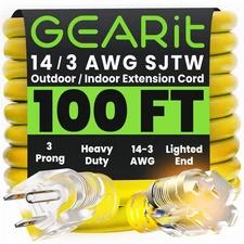 GEARit 100ft Power Extension Cord Outdoor 14/3 SJTW Heavy Duty Lighted Yellow