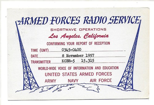 QSL Fuerzas Armadas Servicio de Radio AFRS Los Ángeles Estación CA KCBR-5 1957 Delano DX