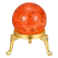 Crystal Ball 40mm Ice Cracked Glass Ball with Metal Stand Amber/Gold