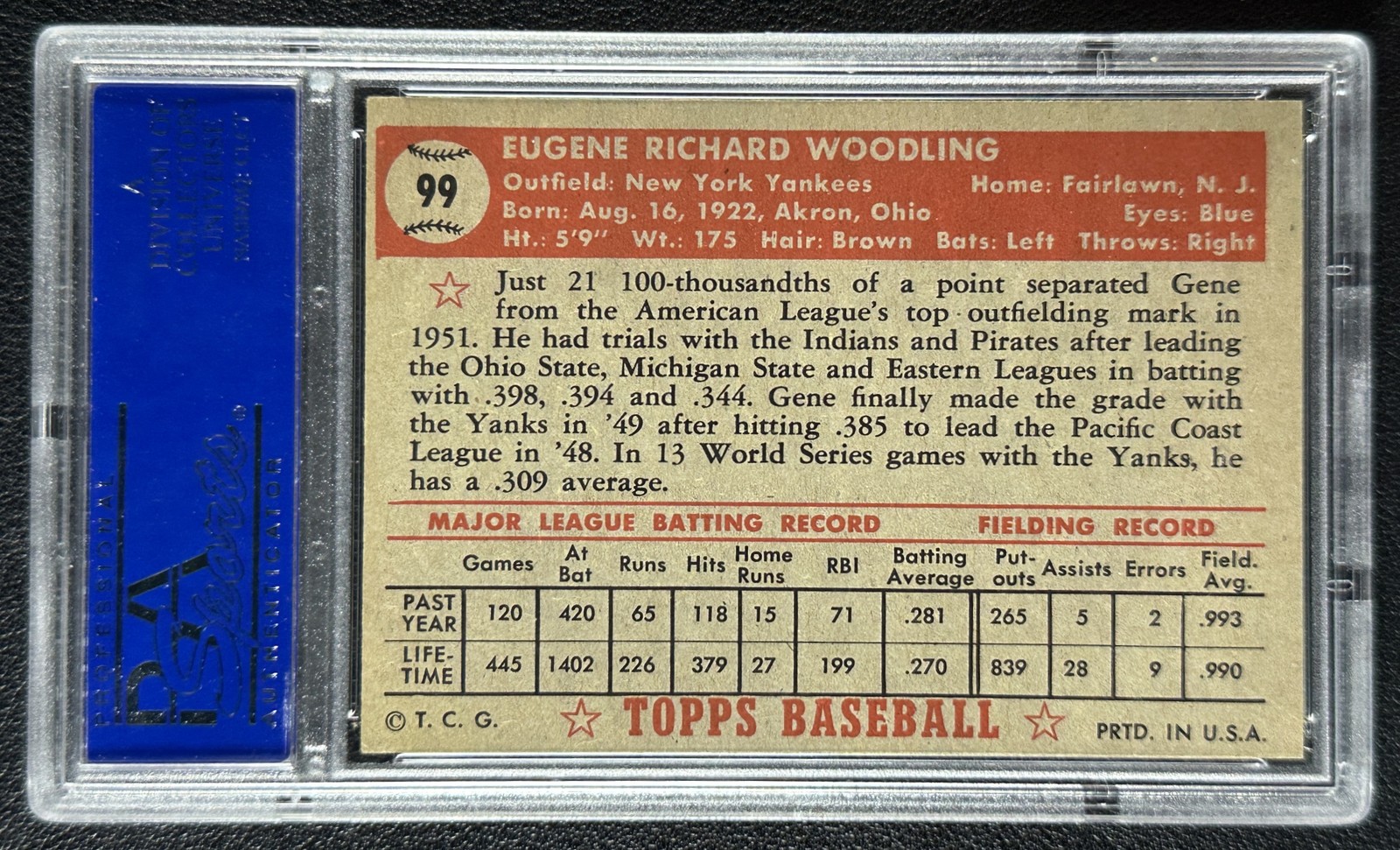 GENE WOODLING PSA 6 1952 TOPPS #99 YANKEES 1672 view 2