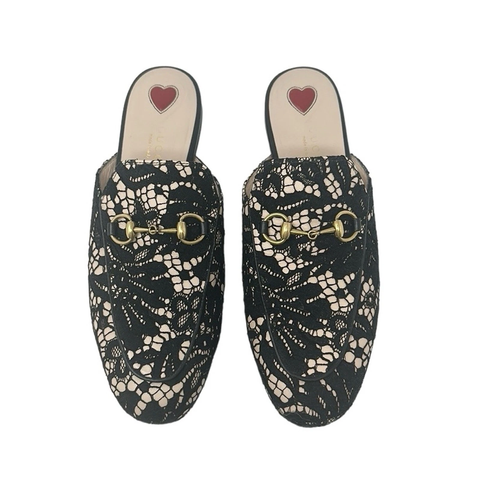 Chaussures Gucci Princetown Horsebit cuir marron superposition dentelle noire bout rond mules