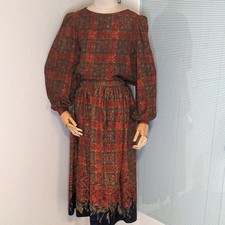 Oscar de la Renta 70s Autumn Thanksgiving  Silk 2pc Skirt Set Plaid Over Floral 