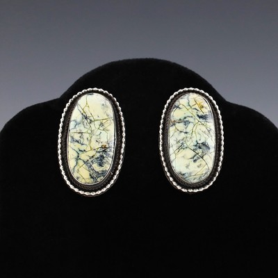NATIVE AMERICAN NAVAJO SILVER & NEW LANDER VARISCITE EARRINGS BY TAWNEY WILLIE