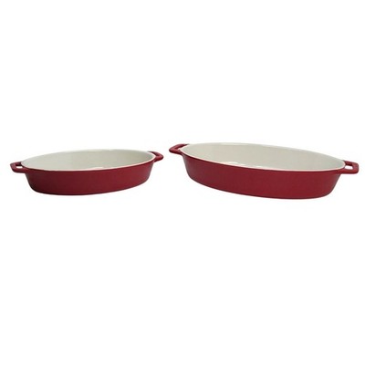 Staub Cherry Red 2-Piece Oval Baker Set Enamel Stoneware 12'' & 9''