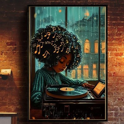Afro Music Girl Wall Art   Vinyl Record Player Poster, Urban Soul Poster