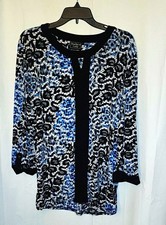 Gauzzi Women’s Blue Black White Floral Round Neck 3/4 Sleeve A-Line Dress, 16