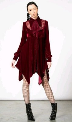 NWT Killstar Red Velvet Dress XL Front Lace Puff Sleeve Witchy Goth Vampire