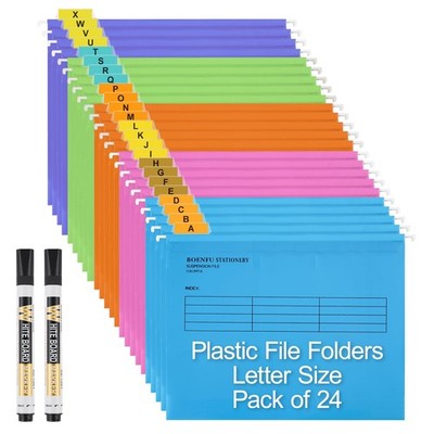 24 PCS Colored Letter Size Plastic Hanging File Folders Adjustable Tabs Marker