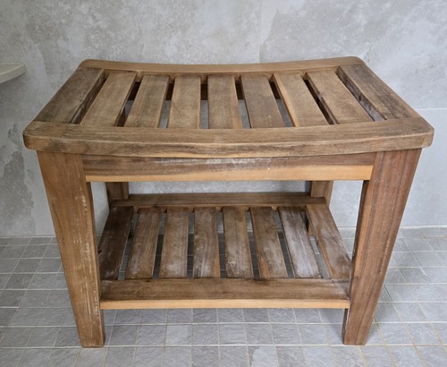 Teak Shower/Bath Stool Water-Resistant Portable Rectangular Bench with Shelf
