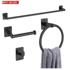 Bathroom Accessories Set 4 Pc Black 24 In Towel Bar Ring Paper Holder Robe Hook
