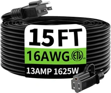 Indoor Outdoor Black Extension Cord 15 Ft Waterproof, 16/3 Gauge Flexible Cold-R