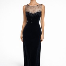 Debut Debenhams Black Velvet Maxi Dress Beaded Mesh Bodice UK 12