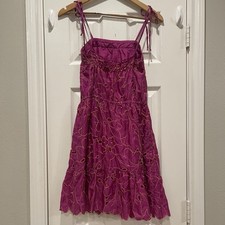 Anthropologie Lu Lu Lame Mini Dress Women’s S Pink Lace Eyelet 100% Silk Resort