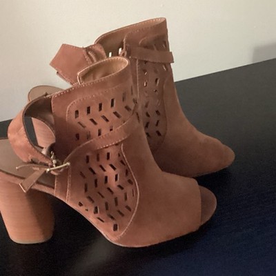 Madden Girl Women s Brown Suede Open Toe Cut-Out Ankle Bootie Buckle Zip 9