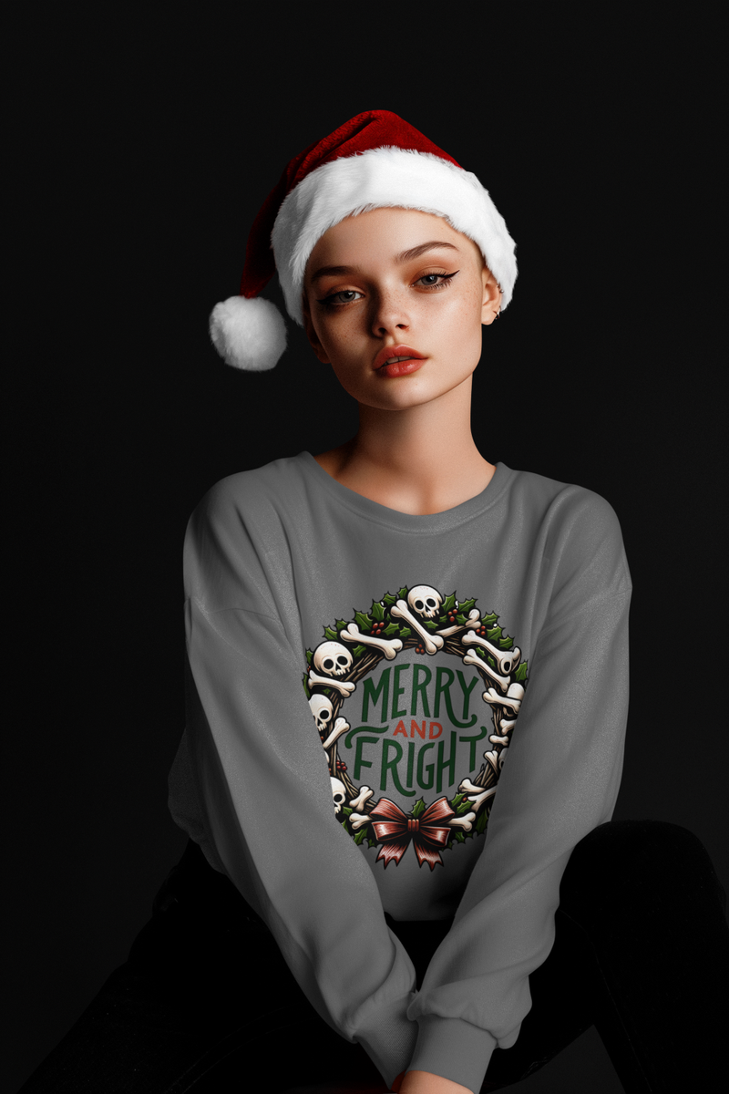 UNISEX MERRY AND FRIGHT ,GOTHIC CHRISTMAS SWEATSHIRT MERRY GOTHMAS steel  grey