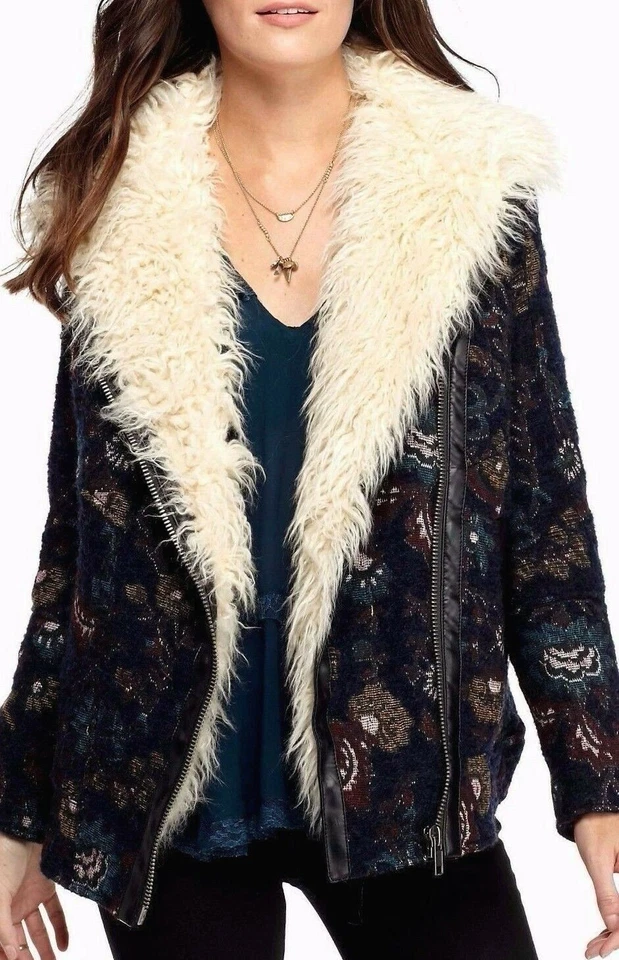 Free People Jacquard Wool Faux Fur Jacket Coat Navy Floral Tapestry OB524703 - Image 4 of 4