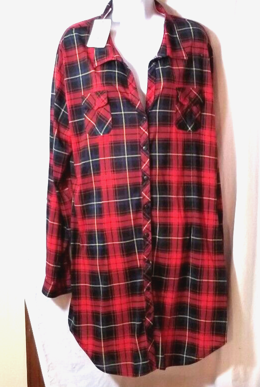White Mark Womens 3XL Red Plaid Button Front Tunic Roll Tab Sleeve Tunic Top NWT