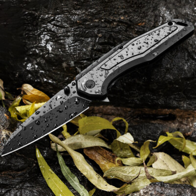 FLISSA Folding Pocket Knife w/Shredded Carbon Fiber Aluminium Handle Steel Blade