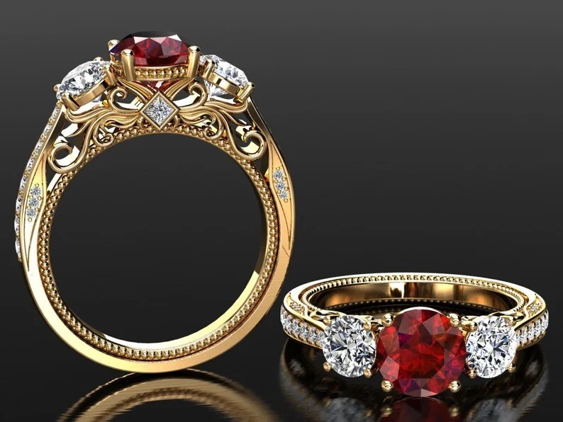 Handmade Gold and Silver Garnet Engagement Wedding Ring Unique Design  -image