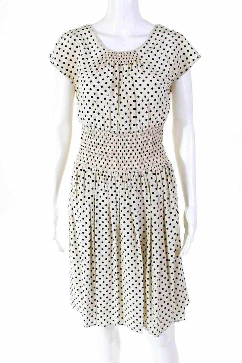 PRADA Abito vintage nero crema stampa a pois misto seta senza maniche linea S