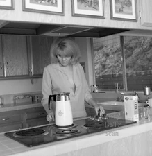 1960s Negative-sexy pinup girl Carole Martin in kitchen with coffee t425216