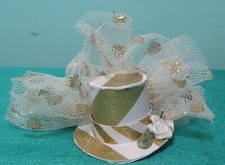 Gold Top Hat Fascinator White Lace White Flower Women Girl Tiny Doll FNTHT79