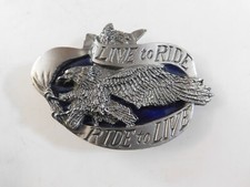 1991 BERGAMOT BLUE ENAMEL MOTORCYCLE BELT BUCKLE LIVE TO RIDE RIDE TO LIVE EAGLE