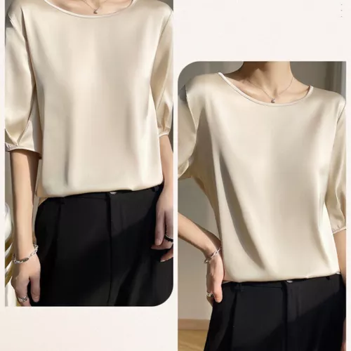 Damen Elegant Satin 3/4 Ärmel Seide Tops Rundhals Bluse T-Shirt Locker Freizeit - Bild 11 von 30