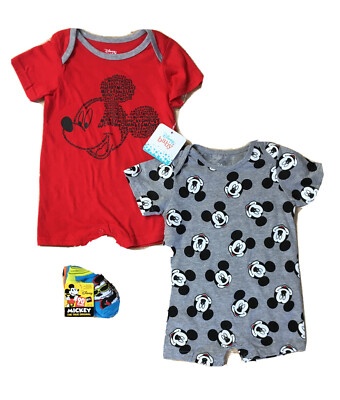 DISNEY BABY Set Of 2, 12 Months Mickey Mouse Short Rompers+5 Pairs Mickey Socks