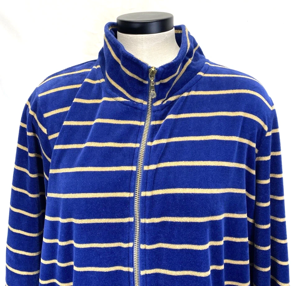 Quacker Factory Jacket Womens Sz XL Stripe Lurex Knit Velvet Zip Front Blue/Gold - Image 4 of 4