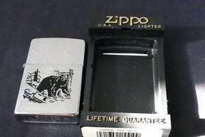 Zippo Grizzly Bear In Woods Or Forest Lighter Lightly Used With Box & Paper