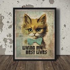 Vintage CAT Living My Best Lives Wall Art, Retro Kitten Decor, 9 Nine Lives Cat