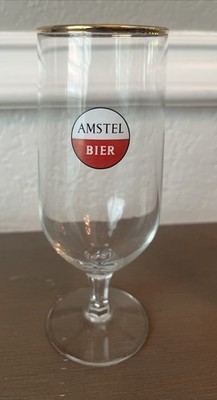 7  Amstel Bier Netherlands Vintage Gold Rimmed GLASS Embossed Logo BEER