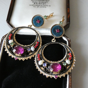 Authentic Satellite Paris Ethnic Jewellery Sleeper Dangle Multicoloured Gems Gold Plated